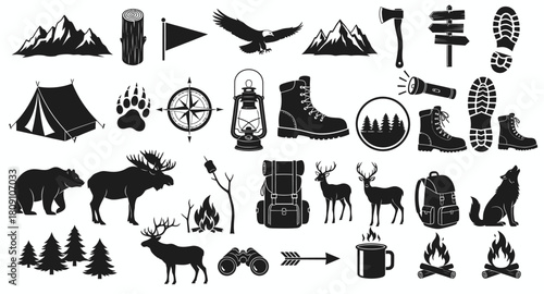Collection of outdoor adventure and wilderness icons for camping and hiking