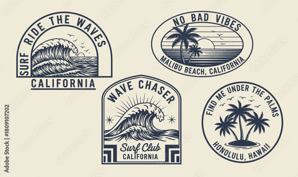 Obraz premium Vintage surf club badges featuring ocean waves and palm trees with retro typography