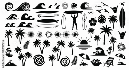 Tropical beach and surfing elements silhouette collection for summer designs