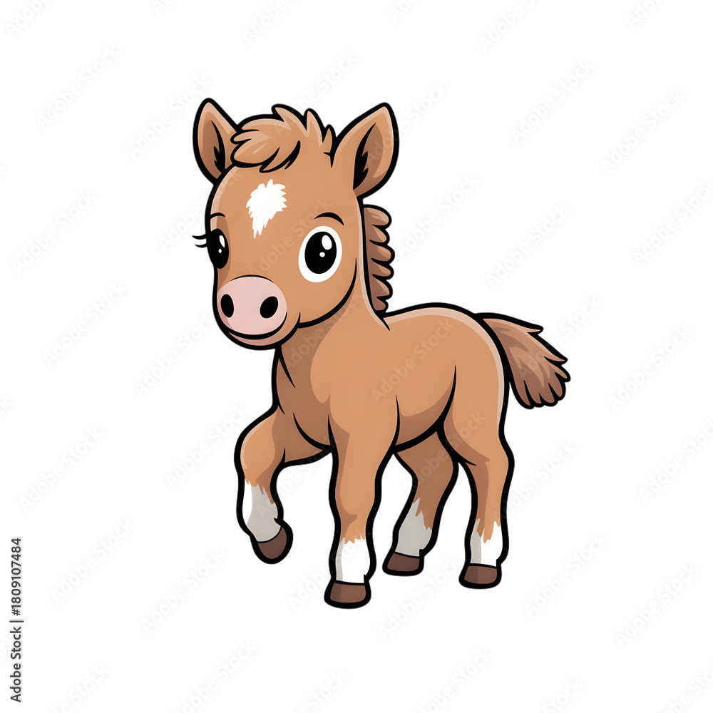 Obraz premium Cute happy little brown cartoon foal design isolated on transparent background