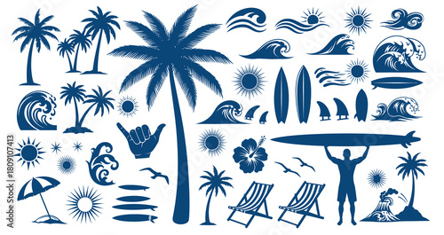 Tropical beach paradise collection of silhouetted palm trees waves surfboards and beach accessories