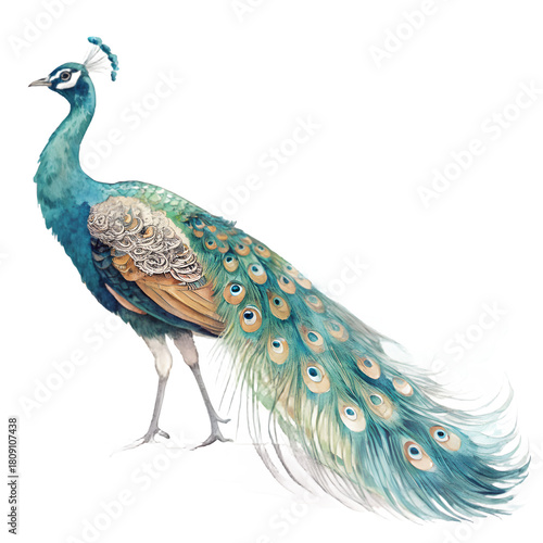 Elegant peacock with vibrant blue and green feathers on black background