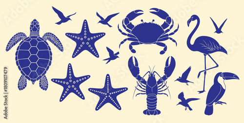 Collection of blue marine life and tropical birds silhouettes on a cream background