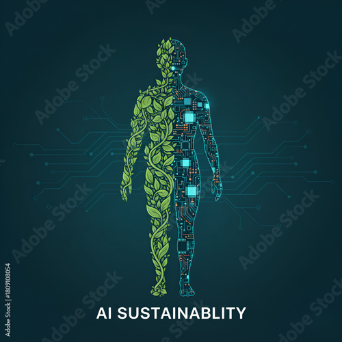 Human figure half organic leaves and half circuit board representing AI sustainability and the fusion of nature and technology