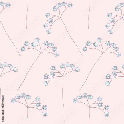 Floral seamless pattern with blue wild flowers on pink background