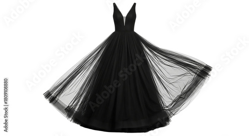 Elegant black tulle dress isolated on transparent background, perfect for special occasions