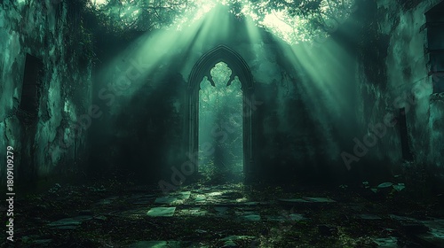 Eerie abandoned gothic ruin with sunbeams through doorway architecture photo