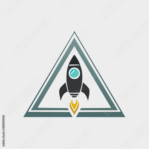 A dynamic graphic concept depicting a rocket launch, symbolizing rapid business growth, startup innovation, and technological advancement, enclosed within a bold triangular emblem