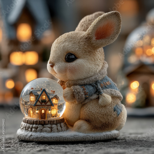 Cute bunny on snow globe base with illuminated Christmas village