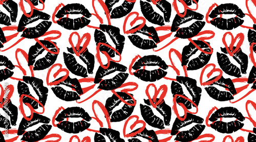 Seamless background with kiss prints, ideal for Valentine’s Day designs. Repeating lip pattern for packaging, fabric, wallpaper, and romantic-themed projects