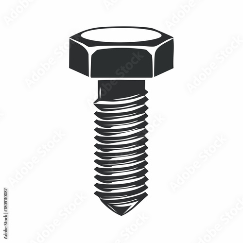 A black and white illustration of a metal hex head bolt with visible threads, symbolizing construction and mechanical fastening