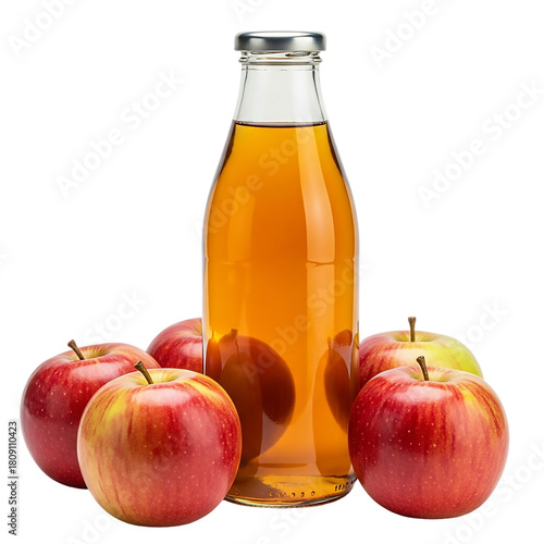 Apple juice in glass bottle with fresh red apples isolated on transparent background