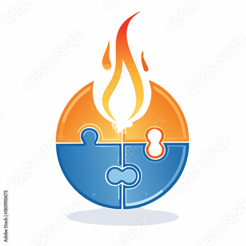 A glossy icon of a four-piece circular puzzle in orange and blue, with a rising flame representing a brilliant idea, passion, and successful problem-solving