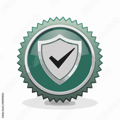 Certified protection emblem with a check mark inside a shield on a green starburst badge, isolated on a white background
