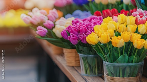 Rows of vibrant flowers adorn a flower shop, showcasing a variety of roses and tulips in different colors. The display creates a warm and inviting ambiance for shoppers