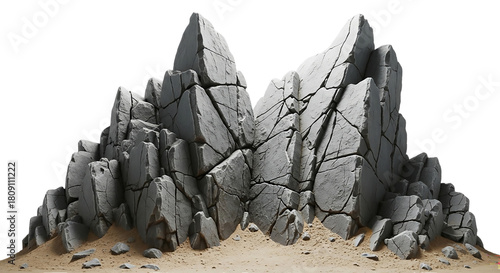A rock formation with jagged edges isolated on transparent background, against white backdrop
