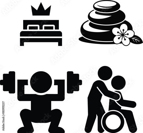 Vector symbols: hotel, spa, fitness, and disability care services pack