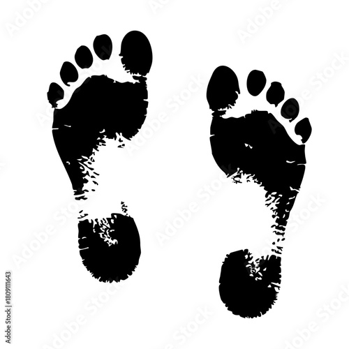 Set of grunge black footprints. Distressed, textured foot silhouettes in various positions. Vector illustration for design, posters, or creative projects