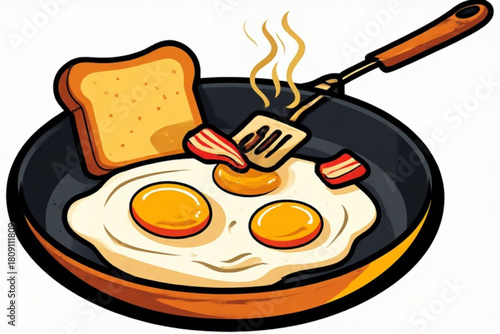 A cartoon illustration of a breakfast scene with fried eggs, bacon, and toast.