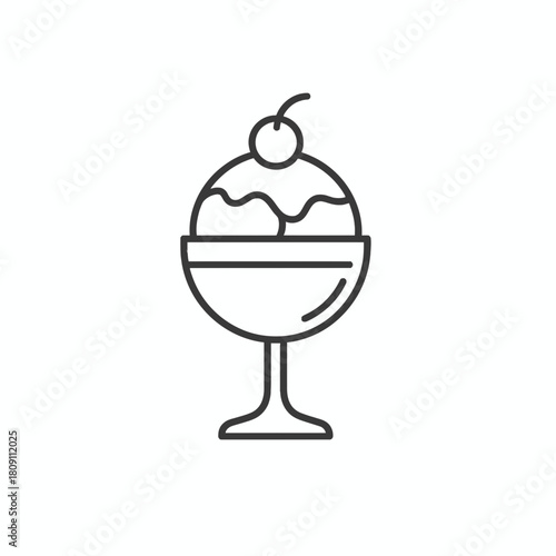 Simple line art icon of an ice cream sundae in a glass bowl with a cherry on top, representing dessert and sweets concepts