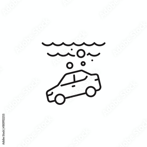Simplified line art icon illustrating a car submerged underwater with bubbles rising to the surface