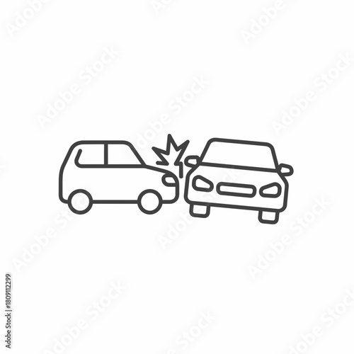 Car accident line art icon illustrating a collision between two vehicles on a white background
