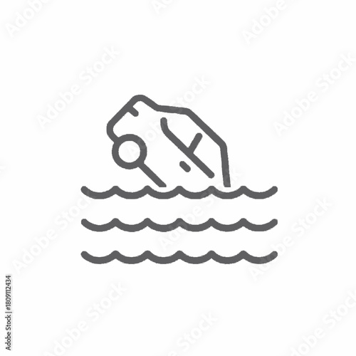 Car sinking in water line icon representing a flood disaster, vehicle accident, or emergency insurance claim