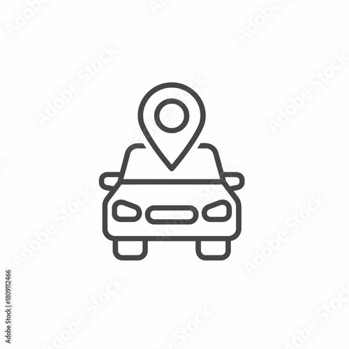 Vehicle with a map pointer line icon representing car sharing, rental location, and transportation tracking services