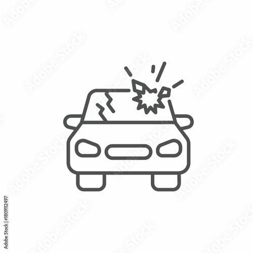 Vector line icon of a car accident, showing a cracked windshield and vehicle damage, ideal for automotive insurance, repair services, road safety, or collision alerts