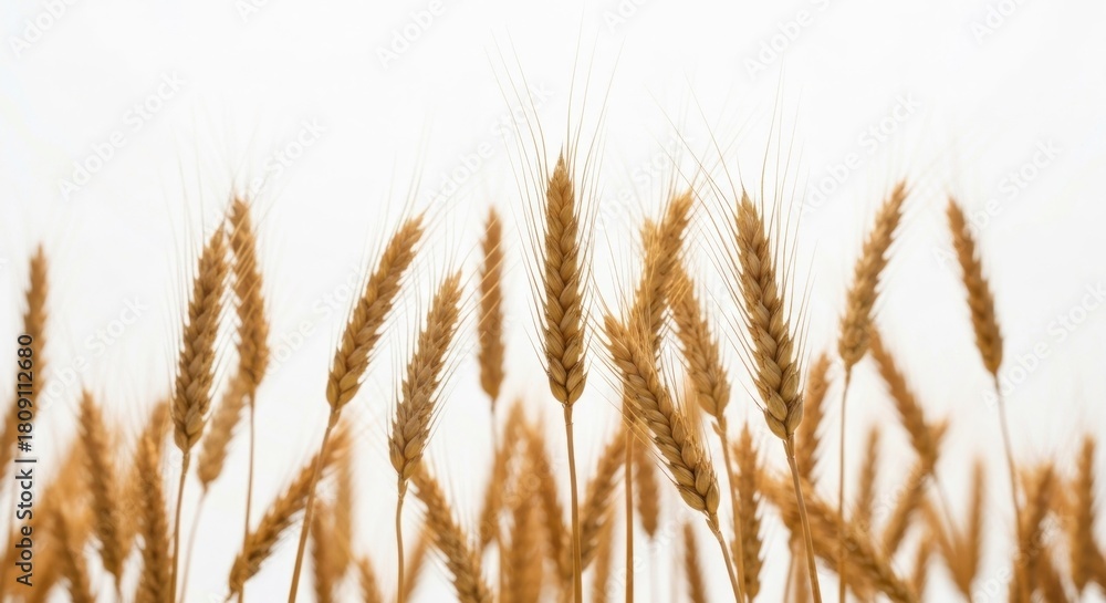 Fototapeta premium Golden wheat stalks against a bright white background, soft, sunny