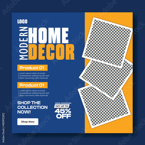 Modern home decor sale advertisement with discount offer and interior design images