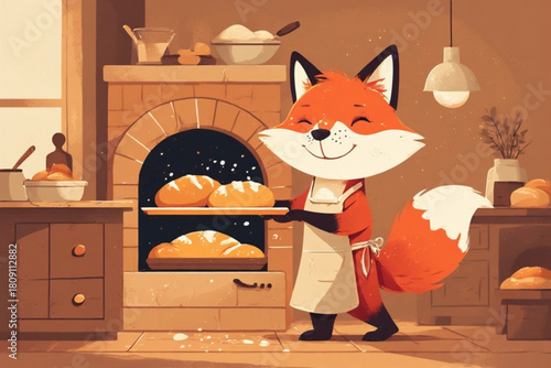 A cartoon fox wearing an apron removes freshly baked bread from an oven in a warm kitchen setting.