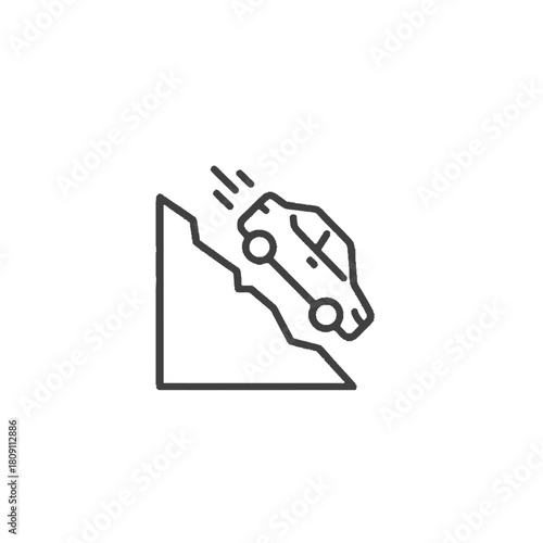 A minimalist line art icon depicting a car falling off a cliff, symbolizing danger or a mishap