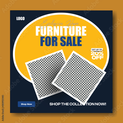 Modern furniture for sale advertisement with stylish living room and dining room interior design elements