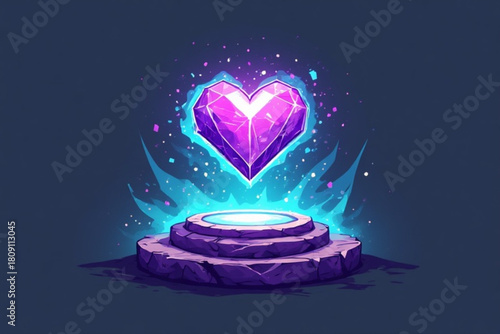 A glowing purple heart-shaped gem levitates above a stone pedestal, surrounded by light.