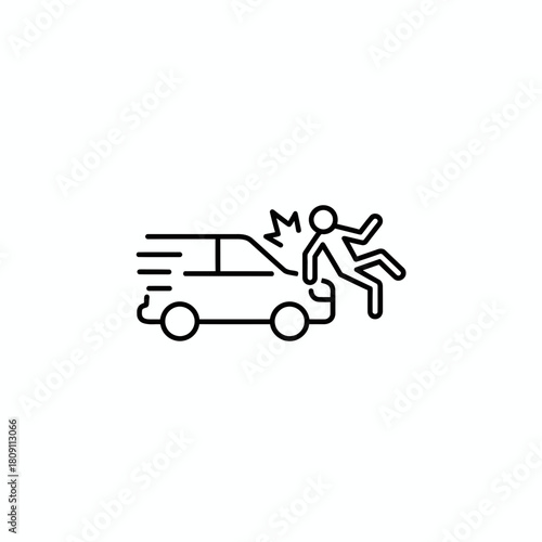 A simple line icon illustrating a dangerous car accident involving a vehicle hitting a pedestrian, symbolizing a traffic collision