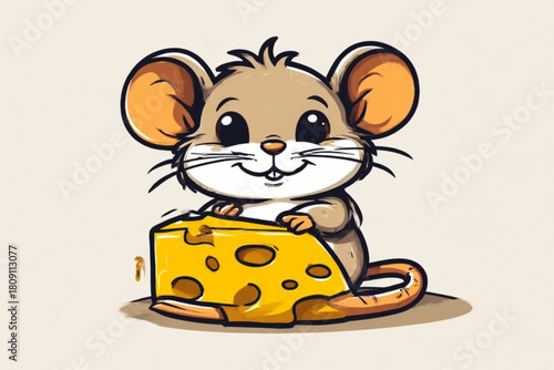 Adorable cartoon mouse happily holding and interacting with a large piece of cheese.