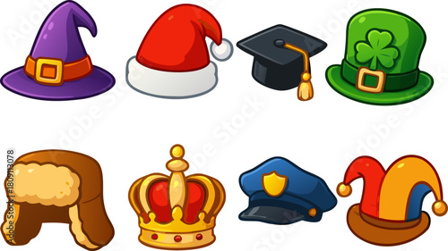 Assorted cartoon hats collection, whimsical headwear for holidays, professions, and fantasy fun, great for stickers