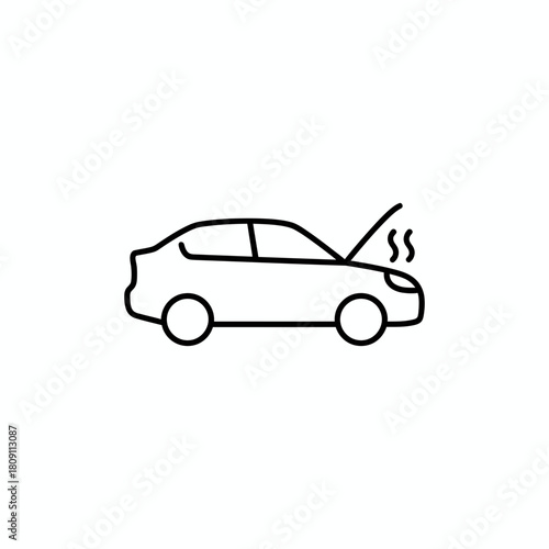 Vector line icon depicting a car breakdown with an open hood and steam, representing engine trouble and vehicle overheating