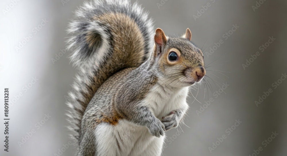 Obraz premium Grey squirrel, fluffy tail, curious gaze, soft light, blurred background