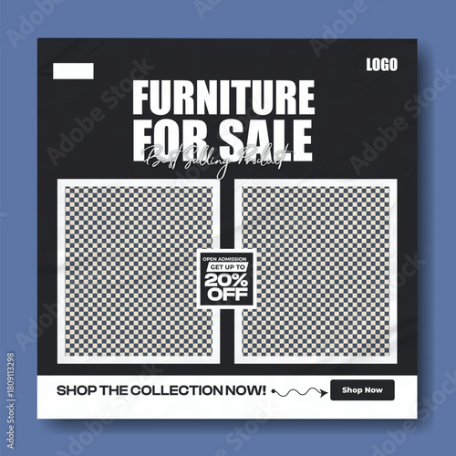 Modern furniture for sale advertisement with discount offer and interior design showcase