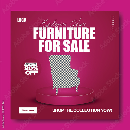 Elegant red velvet armchair displayed on a pedestal with a sale offer for furniture