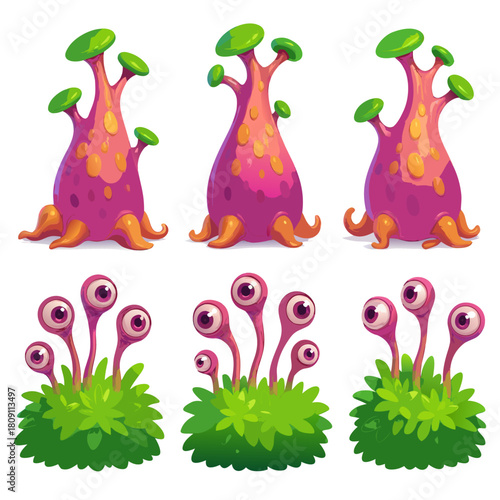 Enchanting alien plants and whimsical monsters create a fantastical otherworldly nature concept for game design artists