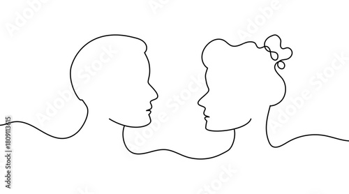 One continuous line drawing of a man and woman facing each other, forming an abstract minimalist portrait of a romantic couple. Simple monoline style emphasizing connection, intimacy