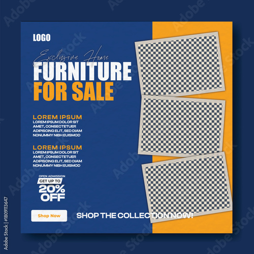 Modern furniture for sale advertisement with discount offer and product images on blue background