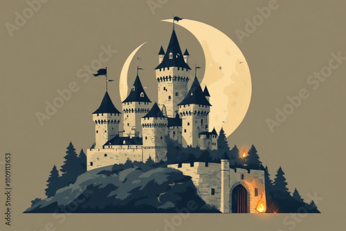 A fairytale castle sits atop a hill, illuminated by a large crescent moon in the night sky.