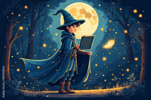 A young wizard, illuminated by moonlight, reads a magical book in a forest.