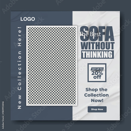 Modern living room furniture advertisement featuring a stylish sofa and dining set with a special offer