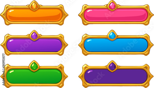 Stunning colorful game UI elements with golden frames for fantasy game design and user interface projects, scalable