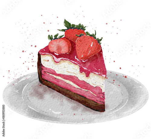 A slice of strawberry cheesecake on a plate Drawn with Pastel Crayon